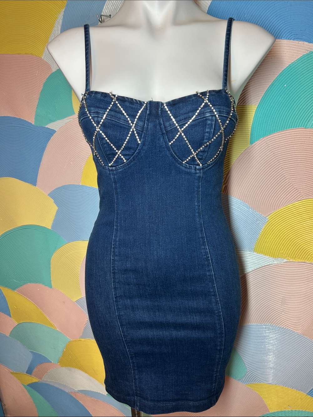 Haute Monde Dark Blue Embellished Denim Bodycon Dress sz s